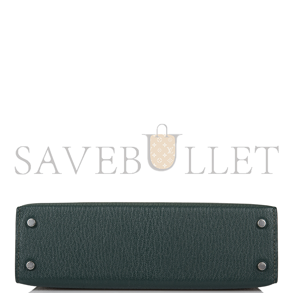 HERMÈS SELLIER KELLY II CHEVRE LEATHER TITAN GREEN WITH NORTHERN BLUE INSIDE (19*12*5.5cm) 